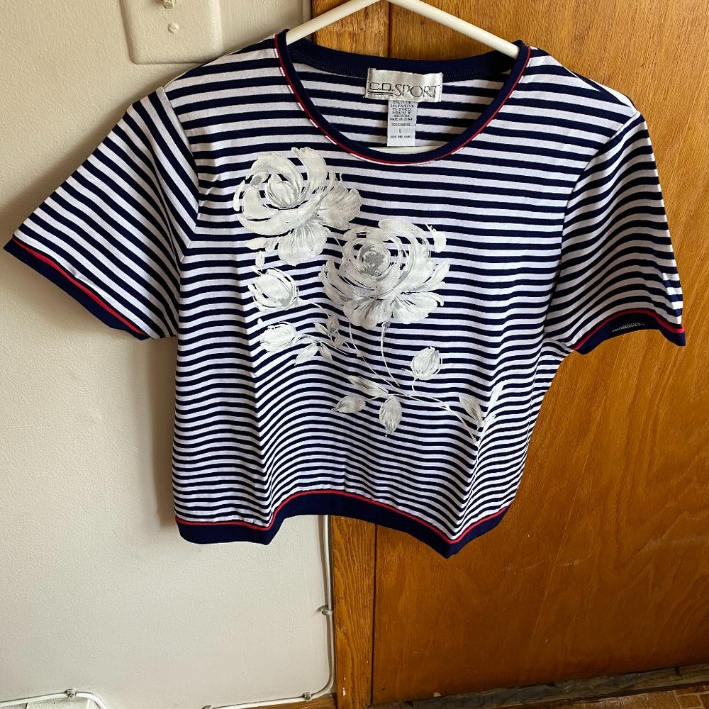 C.O Sport Womens Large Navy Blue & White stripe Tee with white rose